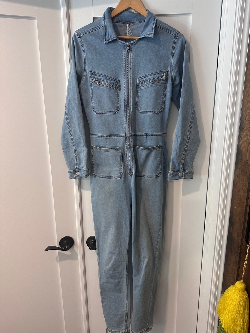 Free People Light Blue Denim Jumpsuit with Logo Tab medium